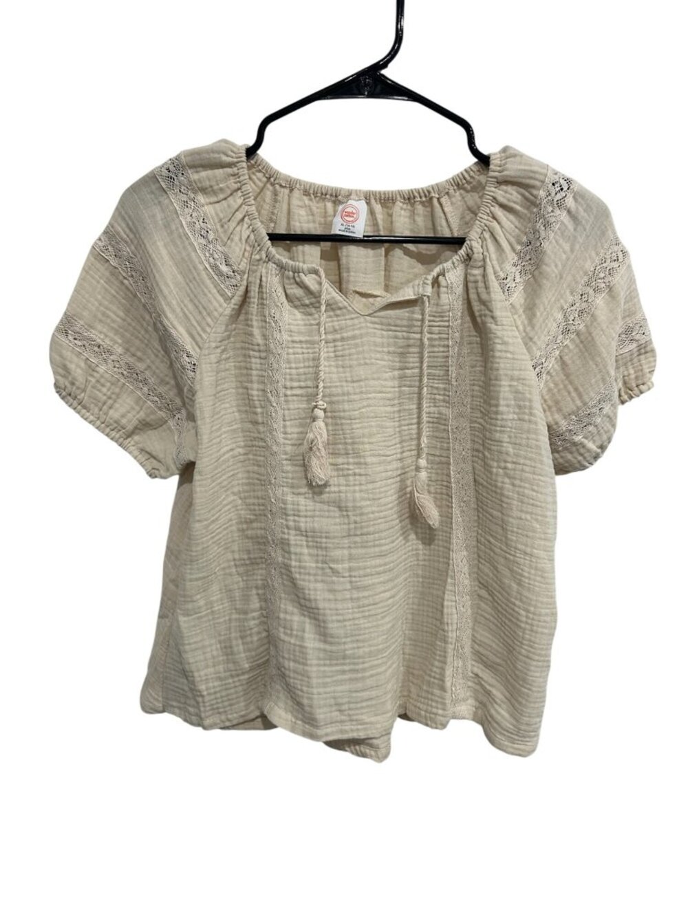 Wonder Nation XL Plus Girl Beige Boho Lace Puff Sleeve Tassel Tie Top Cottagecor